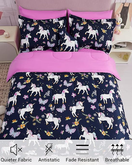Mooreeke Kids Comforter Bed Set Twin Size for Girls, 6 Pieces Bed in a Bag with Shams, Sheet Set, Purple Pink Unicorn Twin Soft Microfiber Kids Comforter Bedding Set - LeafyLoom