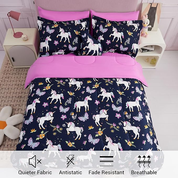 Mooreeke Kids Comforter Bed Set Twin Size for Girls, 6 Pieces Bed in a Bag with Shams, Sheet Set, Purple Pink Unicorn Twin Soft Microfiber Kids Comforter Bedding Set - LeafyLoom