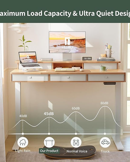 FEZIBO Height Adjustable Electric Standing Desk with 5 Drawers, 48 x 24 Inch Table with Storage Shelf, Sit Stand Desk White Frame/Light Rustic Top, 48 inch - LeafyLoom