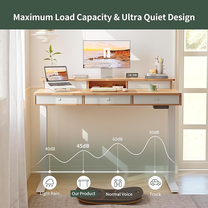 FEZIBO Height Adjustable Electric Standing Desk with 5 Drawers, 48 x 24 Inch Table with Storage Shelf, Sit Stand Desk White Frame/Light Rustic Top, 48 inch - LeafyLoom
