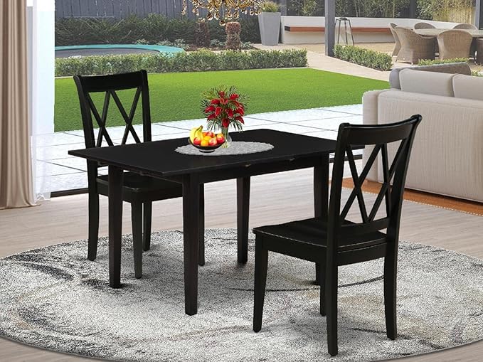 East West Furniture NOCL3-BLK-W 3 Piece Modern Dining Table Set Contains a Rectangle Wooden Table with Butterfly Leaf and 2 Dining Room Chairs, 32x54 Inch, Black - LeafyLoom