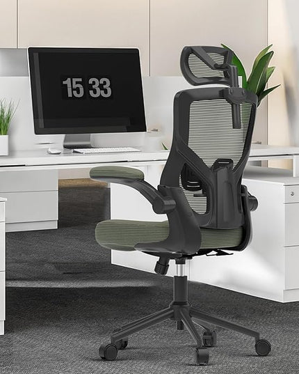 𝑯𝑶𝑴𝑬 𝑶𝑭𝑭𝑰𝑪𝑬 𝑪𝑯𝑨𝑰𝑹, Ergonomic Mesh Desk Chair, High Back Computer Chair- Adjustable Headrest with Flip-Up Arms, Lumbar Support, Swivel Executive Task Chair (Hunter Green, Modern) - LeafyLoom