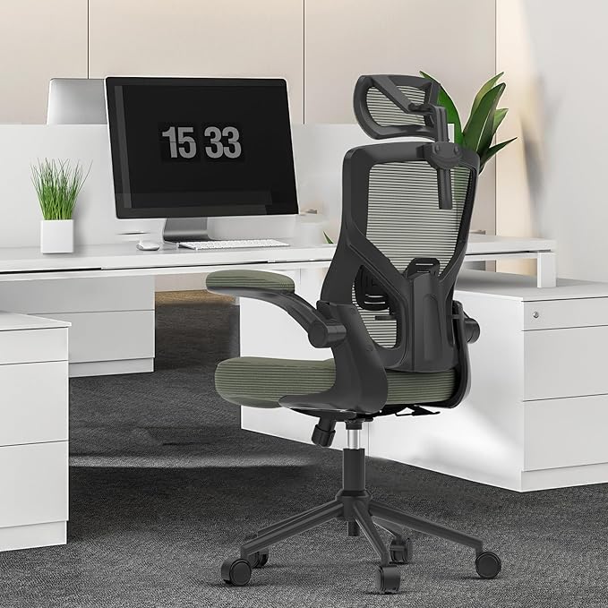 𝑯𝑶𝑴𝑬 𝑶𝑭𝑭𝑰𝑪𝑬 𝑪𝑯𝑨𝑰𝑹, Ergonomic Mesh Desk Chair, High Back Computer Chair- Adjustable Headrest with Flip-Up Arms, Lumbar Support, Swivel Executive Task Chair (Hunter Green, Modern) - LeafyLoom