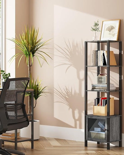 TUTOTAK 5 Tier Bookcase and Bookshelf, Narrow Book shelf with Door for Small Space, for Living Room, Office, Study, Entryway, Charcoal Grey BS03BY005 - LeafyLoom