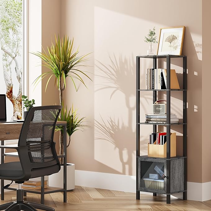TUTOTAK 5 Tier Bookcase and Bookshelf, Narrow Book shelf with Door for Small Space, for Living Room, Office, Study, Entryway, Charcoal Grey BS03BY005 - LeafyLoom
