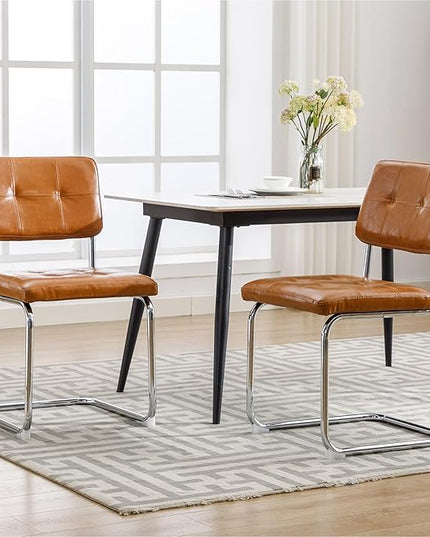 Forevich Mid Century Modern Dining Chairs Set of 4, Leather Kitchen Dining Room Side Chairs Upholstered Armless Accent Chairs with Metal Chrome Legs for Living Room, Bedroom Brown - LeafyLoom