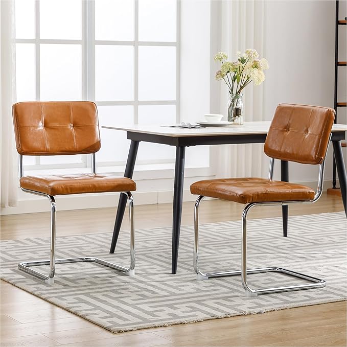 Forevich Mid Century Modern Dining Chairs Set of 4, Leather Kitchen Dining Room Side Chairs Upholstered Armless Accent Chairs with Metal Chrome Legs for Living Room, Bedroom Brown - LeafyLoom