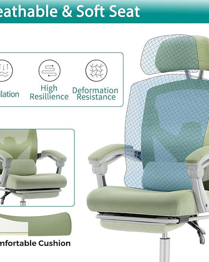 MCQ Office Computer Desk Chair, Gaming Chairs for Adults, High-Back Mesh Rolling Swivel Reclining Chairs with Wheels, Comfortable Lumbar Support, Comfy Arms for Home, Office, Gaming, Student, Green - LeafyLoom
