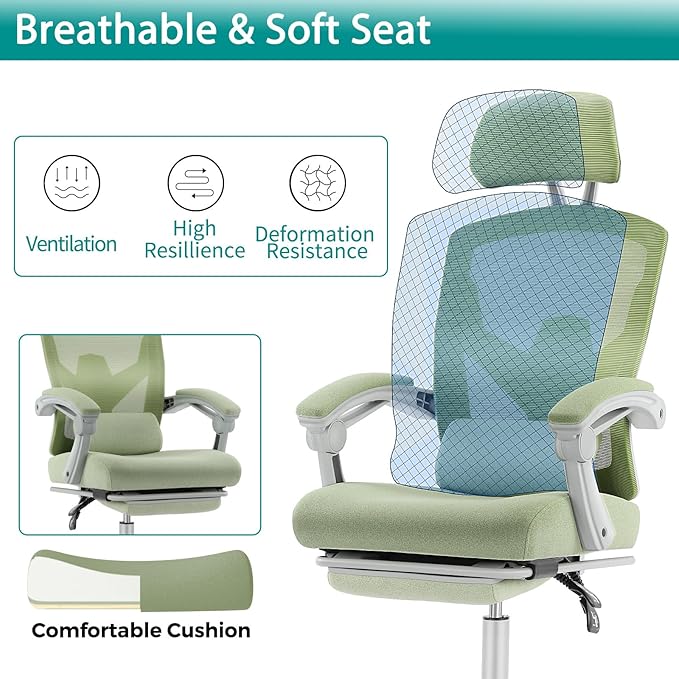 MCQ Office Computer Desk Chair, Gaming Chairs for Adults, High-Back Mesh Rolling Swivel Reclining Chairs with Wheels, Comfortable Lumbar Support, Comfy Arms for Home, Office, Gaming, Student, Green - LeafyLoom
