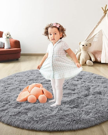 Grey Round Rug for Bedroom, Super Fluffy Circle Rugs for Baby Nursery, 4'X4' Feet Furry Carpet for Children Kids Room, Cute Soft Shaggy Rug for Girls Home Decor, Fuzzy Plush Carpets for Dorm - LeafyLoom