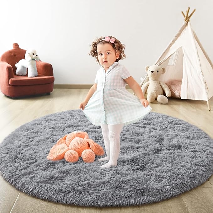Grey Round Rug for Bedroom, Super Fluffy Circle Rugs for Baby Nursery, 5'X5' Feet Furry Carpet for Children Kids Room, Cute Soft Shaggy Rug for Girls Home Decor, Fuzzy Plush Carpets for Dorm - LeafyLoom