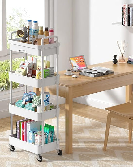 4-Tier Rolling Cart，Trolley with Drawer, Kitchen Storage Organizer with Plastic Shelf & Metal Wheels, Storage Cart for Living Room, Kitchen, Office, Bathroom, White - LeafyLoom