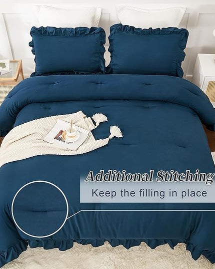 Andency Navy Blue Queen Comforter Set, 3 Pieces Boho Lightweight Solid Bedding Sets for Queen Bed, Fluffy Soft Double Women Men Microfiber Bedding Set - LeafyLoom