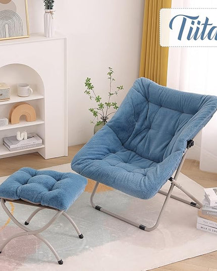 Tiita Saucer Chair with Ottoman, Soft Faux Fur Oversized Folding Accent Chair,Lounge Lazy Chair, Metal Frame Moon Chair for Bedroom, Living Room, Dorm Rooms, Garden and Courtyard - LeafyLoom