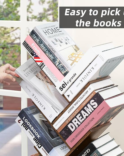 10 Tier Tree Book Shelf, Floor Standing Wood Bookshelf for Narrow Space, Storage Organizer Bookshelves for Books/CDs/Magazine, Bookcase with Shelves for Home Office, Living Room - Brown - LeafyLoom