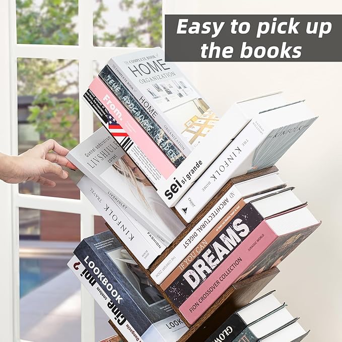 10 Tier Tree Book Shelf, Floor Standing Wood Bookshelf for Narrow Space, Storage Organizer Bookshelves for Books/CDs/Magazine, Bookcase with Shelves for Home Office, Living Room - Brown - LeafyLoom