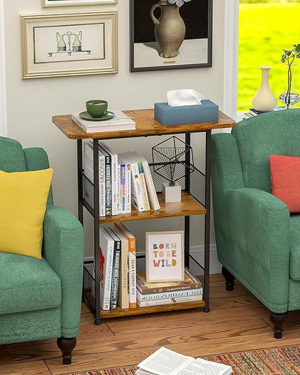 Small Bookshelf 3 Tier Small Table - Office Shelf Rustic Industrial Bookshelf, Wood and Metal Storage Shelf Stand Organizer Tall Table for Living Room, Bedroom, Office - LeafyLoom