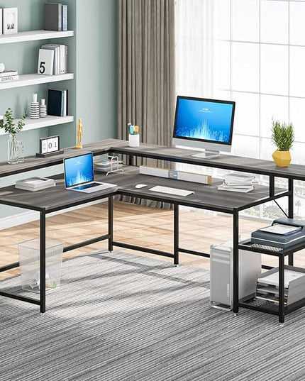 L-Shaped Desk with Monitor Shelf,Corner Computer Desk with Storage, Gray - LeafyLoom