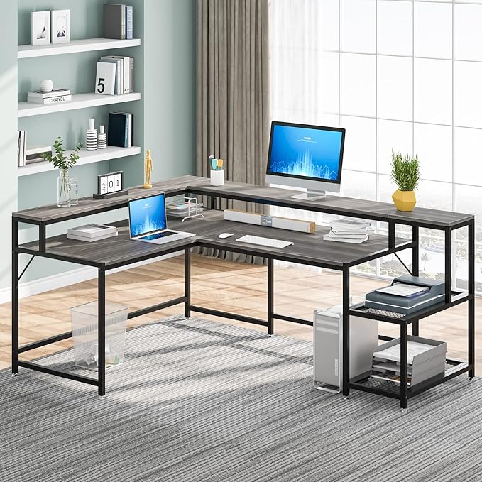 L-Shaped Desk with Monitor Shelf,Corner Computer Desk with Storage, Gray - LeafyLoom