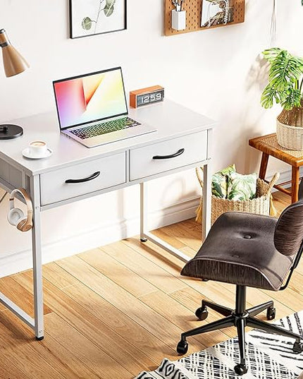 ODK Small Desk with Fabric Drawers- for Bedroom, White Vanity Desk with Storage, Home Office Computer Desk for Small Spaces, 32 Inch Modern Work Writing Study Table, White - LeafyLoom