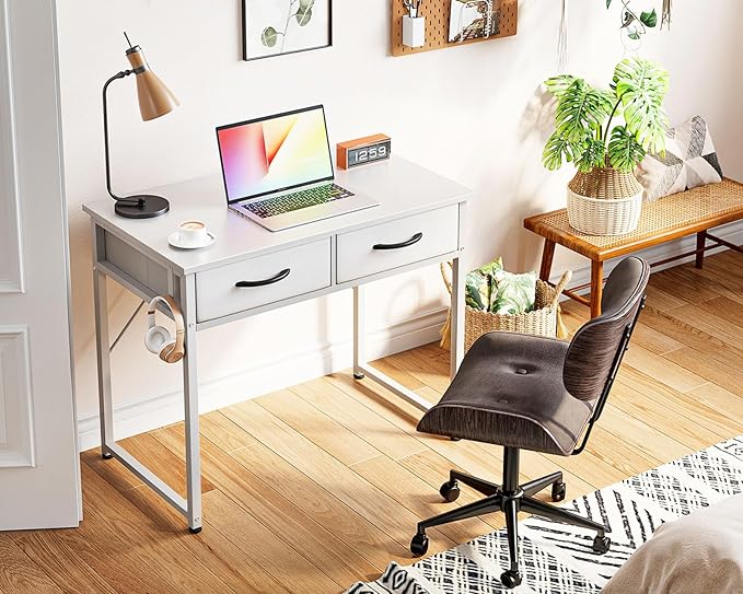 ODK Small Desk with Fabric Drawers- for Bedroom, White Vanity Desk with Storage, Home Office Computer Desk for Small Spaces, 32 Inch Modern Work Writing Study Table, White - LeafyLoom