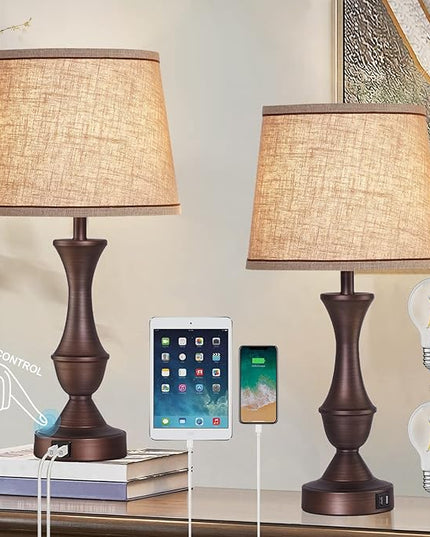 Luvkczc Table Lamps for Bedrooms Set of 2, Touch Bedside Lamps with USB C+A Ports, 3-Way Dimmable Nightstand Lamps for Bedroom, Living Room, Bulbs Included - LeafyLoom