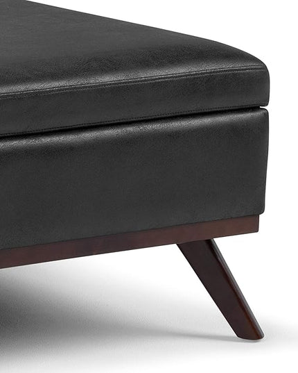 SIMPLIHOME Owen 36 Inch Wide Mid Century Modern Square Coffee Table Lift Top Storage Ottoman in Upholstered Distressed Black Faux Leather, For the Living Room - LeafyLoom