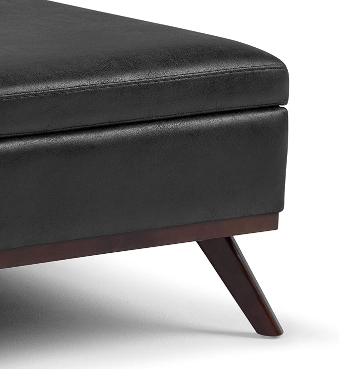SIMPLIHOME Owen 36 Inch Wide Mid Century Modern Square Coffee Table Lift Top Storage Ottoman in Upholstered Distressed Black Faux Leather, For the Living Room - LeafyLoom