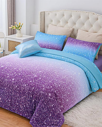 A Nice Night Girls Comforter Set Twin Size 6 Piece Bed in A Bag 3D Colorful Sparkle Galaxy Rainbow Bedding Comforter Sheet Sets for Kids,BluePurple - LeafyLoom