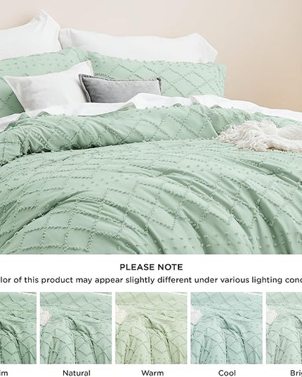 Bedsure Twin/Twin XL Comforter Set - Green Boho Twin Extra Long Comforter Set for College, Shabby Chic Dorm Bedding Set, 2 Pieces Modern Farmhouse Bed Set, includes 1 Pillow Sham - LeafyLoom