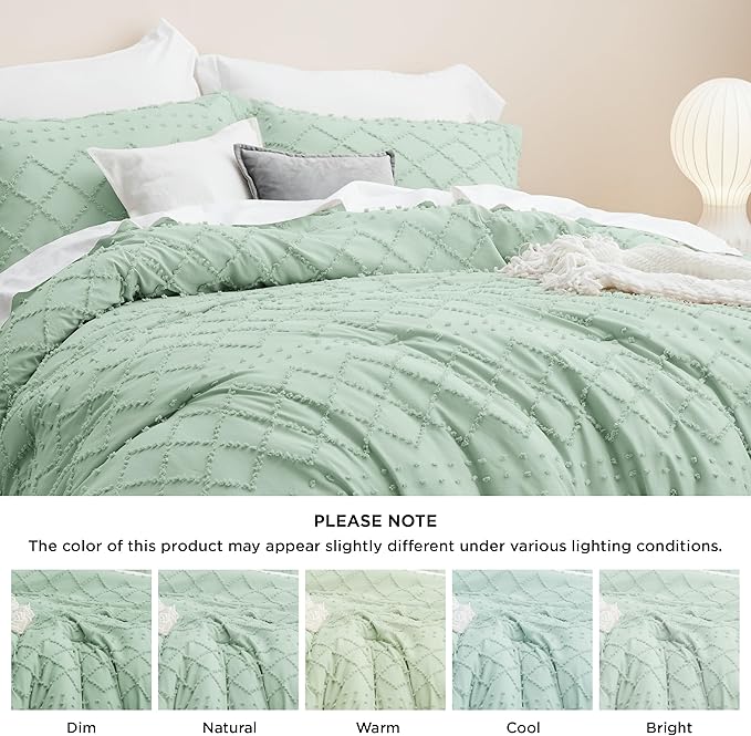 Bedsure Full Size Comforter Set - Green Comforter, Boho Tufted Shabby Chic Bedding Comforter Set, 3 Pieces Vintage Farmhouse Bed Set for All Seasons, Fluffy Soft Bedding Set with 2 Pillow Shams - LeafyLoom