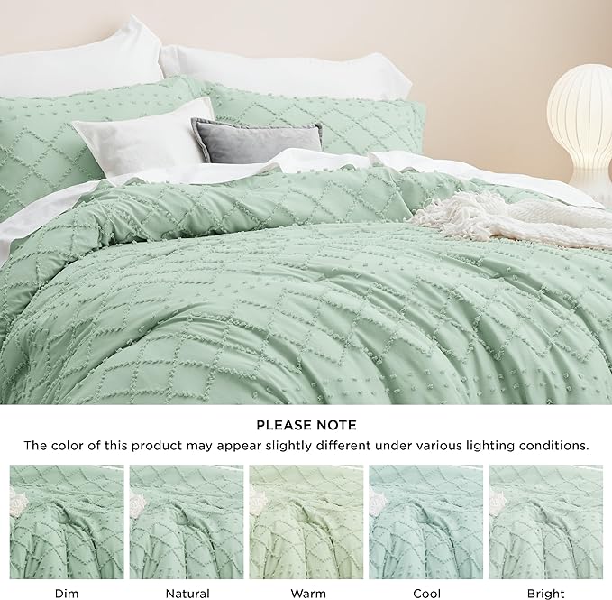 Bedsure Queen Comforter Set - Green Comforter, Boho Tufted Shabby Chic Bedding Comforter Set, 3 Pieces Vintage Farmhouse Bed Set for All Seasons, Fluffy Soft Bedding Set with 2 Pillow Shams - LeafyLoom