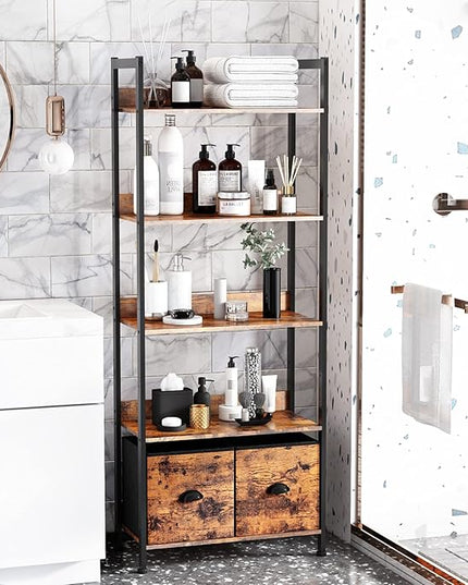 Furologee 5-Tier Bookshelf, Tall Bookcase with 2 Storage Drawers, Industrial Display Standing Shelf Units, Wood and Metal Storage Shelf for Living Room, Bedroom, Home Office, Rustic Brown - LeafyLoom