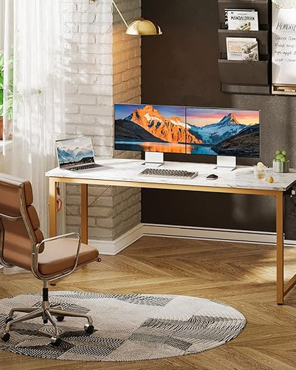 ODK Computer Desk Large Office Desk, 55 Inch Gaming Desk with Storage, Modern PC Desk Work Table with Headphone Hook for Home Office, White Marble + Gold Leg - LeafyLoom