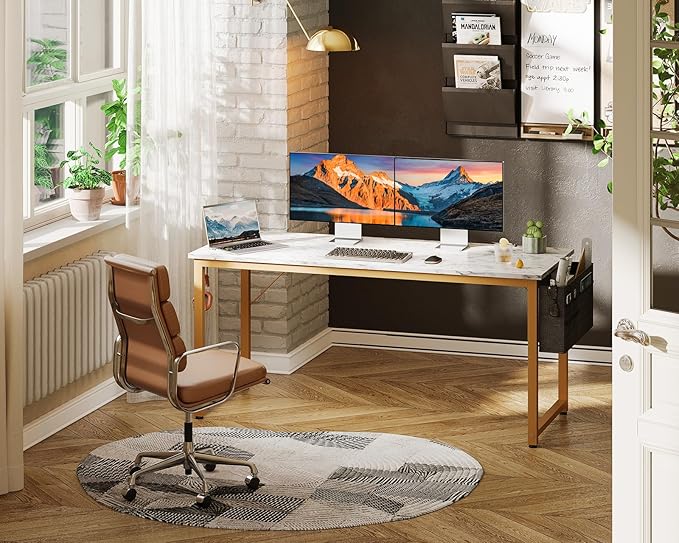 ODK Computer Desk Large Office Desk, 55 Inch Gaming Desk with Storage, Modern PC Desk Work Table with Headphone Hook for Home Office, White Marble + Gold Leg - LeafyLoom