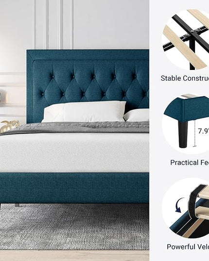 Allewie Full Size Bed Frame Upholstered Platform Bed with Adjustable Headboard, Button Tufted, Wood Slat Support, Easy Assembly, Blue - LeafyLoom