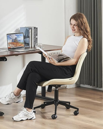 YOUTASTE Office Chair Armless Desk Chair Small Computer Swivel Rolling Chair with Wheels, Modern Upholstered PU Leather Computer Sewing Chair, Adjustable Home Office Desk Chairs, Beige - LeafyLoom
