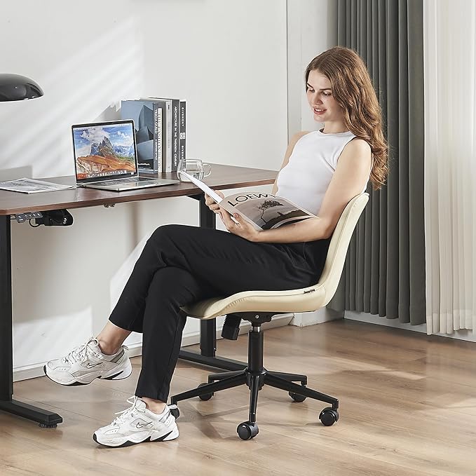 YOUTASTE Office Chair Armless Desk Chair Small Computer Swivel Rolling Chair with Wheels, Modern Upholstered PU Leather Computer Sewing Chair, Adjustable Home Office Desk Chairs, Beige - LeafyLoom