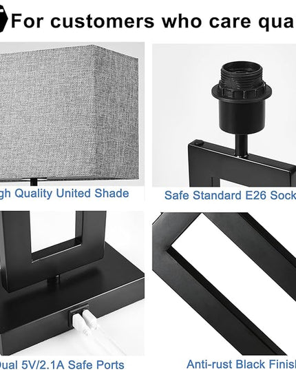 22’’ Tall Set of 2 Touch Control Table Lamp w. 2 USB Ports, 3-Way Dimmable Modern Bedroom Bedside Touch Lamps w. Fabric Gray Shade for Living Room End Table Nightstand Reading - LeafyLoom