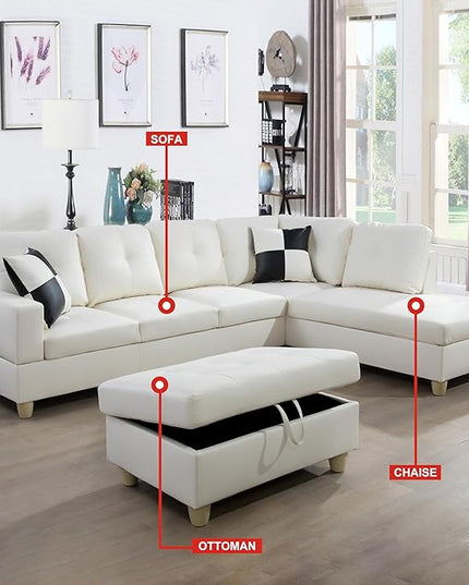 ROOMTEC Button L Shape 3 Piece Sectional Sofa Set, Upholstered Corner Couch with Storage Ottoman, Faux Leather Tufted Cushions, for Living Room, Apartment, 103inch, White w/Right Chaise Lounge - LeafyLoom
