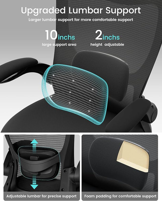 Office Chair, Ergonomic Desk Chair with Adjustable Lumbar Support and Flip up Armrest, Breathable Mesh Computer Chair for Home Office, Black - LeafyLoom