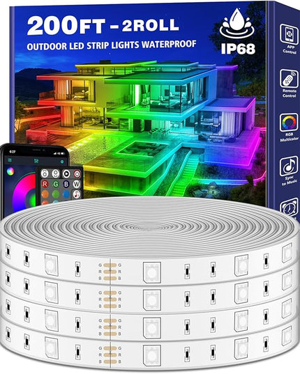 200ft Outdoor LED Strip Lights Waterproof 1 Roll,IP68 Outside Led Light Strips with App and Remote,Music Sync RGB Exterior Rope Self Adhesive Back for Deck,Balcony,Pool LETIANPAI