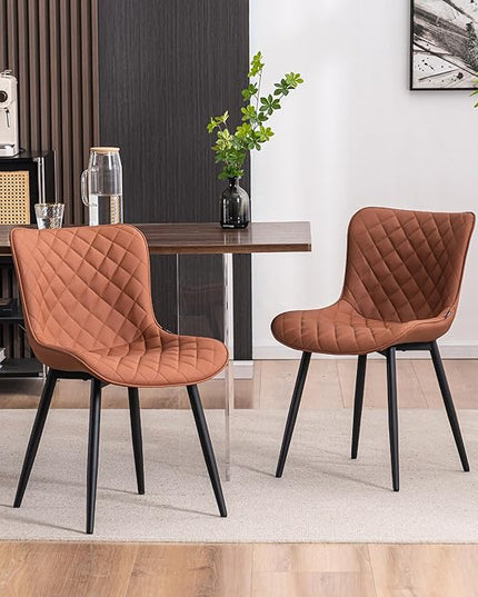 YOUTASTE Coffee Brown Dining Chairs Set of 2 Mid Century Modern PU Leather Diamond Upholstered Accent Guest Dinner Chair with Back Metal Legs for Kitchen Living Reception Waiting Room - LeafyLoom