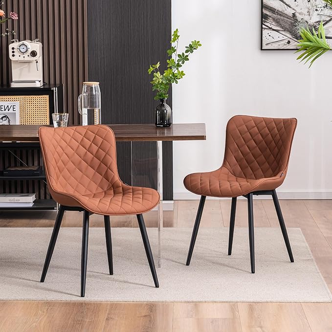 YOUTASTE Coffee Brown Dining Chairs Set of 2 Mid Century Modern PU Leather Diamond Upholstered Accent Guest Dinner Chair with Back Metal Legs for Kitchen Living Reception Waiting Room - LeafyLoom