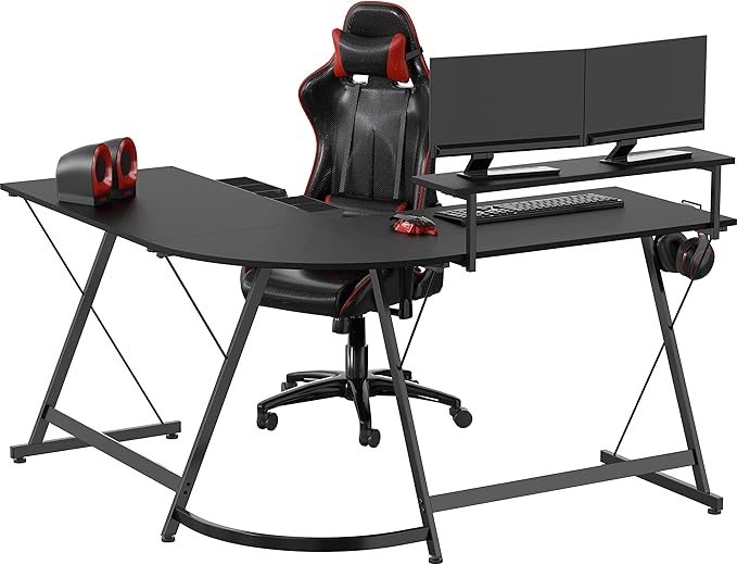 SHW Vista L-Shape Desk with Monitor Stand, Black - LeafyLoom