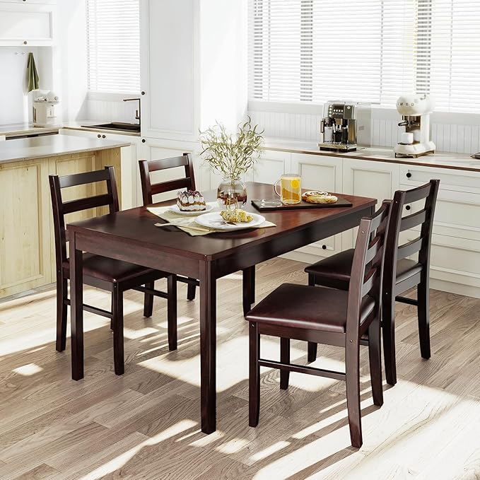 KKL Dining Table Set for 4, Malaysian Oak Kitchen Table and Chairs for Home and Apartment, 5-Piece Farmhouse Wood Kitchen and Dining Room Table Set, Easy Assembly - LeafyLoom