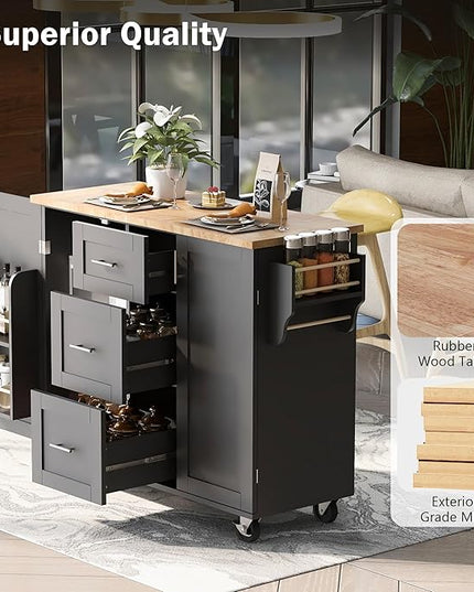 50Inch Rolling Kitchen Island Cart with Internal Cabinet, 3 Drawers and Storage Shelf, Kitchen-Island Table on Wheels w/Rubber Wood Top, Spice Rack, for Dining Room House Bar - LeafyLoom