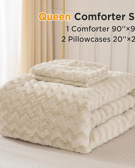 Andency Beige Fleece Comforter Set Queen Size, 3 Pieces Shaggy Faux Fur Bedding Comforter Set for Queen Bed, Fuzzy Plush Warm Sherpa Bed Comforter Set for Women Man - LeafyLoom