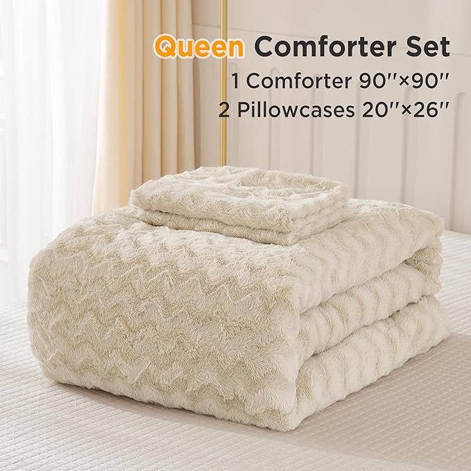 Andency Beige Fleece Comforter Set Queen Size, 3 Pieces Shaggy Faux Fur Bedding Comforter Set for Queen Bed, Fuzzy Plush Warm Sherpa Bed Comforter Set for Women Man - LeafyLoom