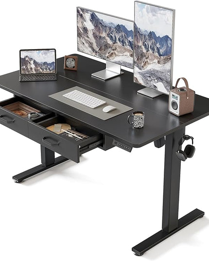 FEZIBO Adjustable Height Electric Standing Desk with Double Drawer, 48 x 24 Inches Stand Up Home Office Desk with Splice Tabletop, Black Frame/Black Top - LeafyLoom